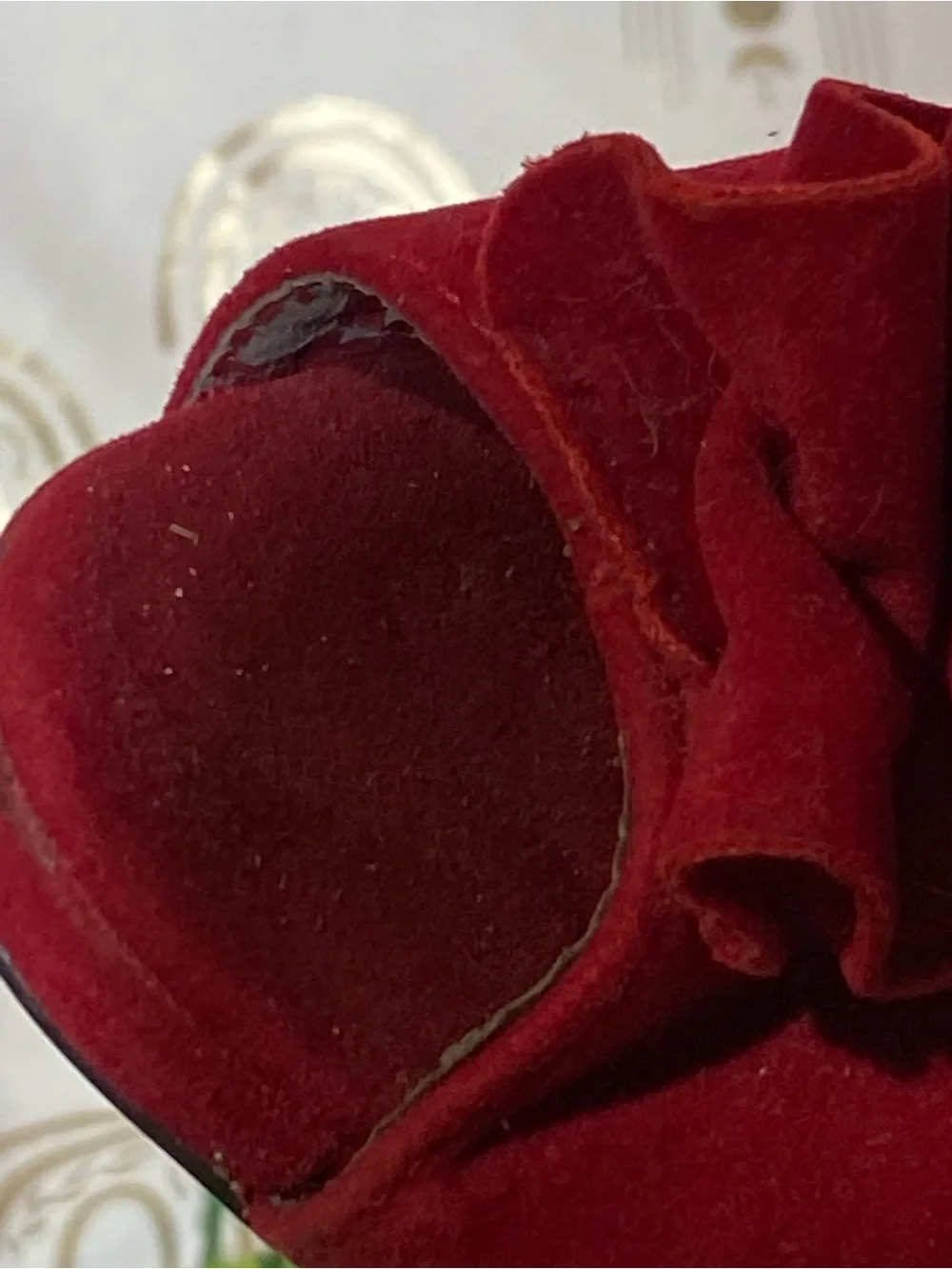 Women’s Red Suede Ruffle Peep-Toe High Heel Booties